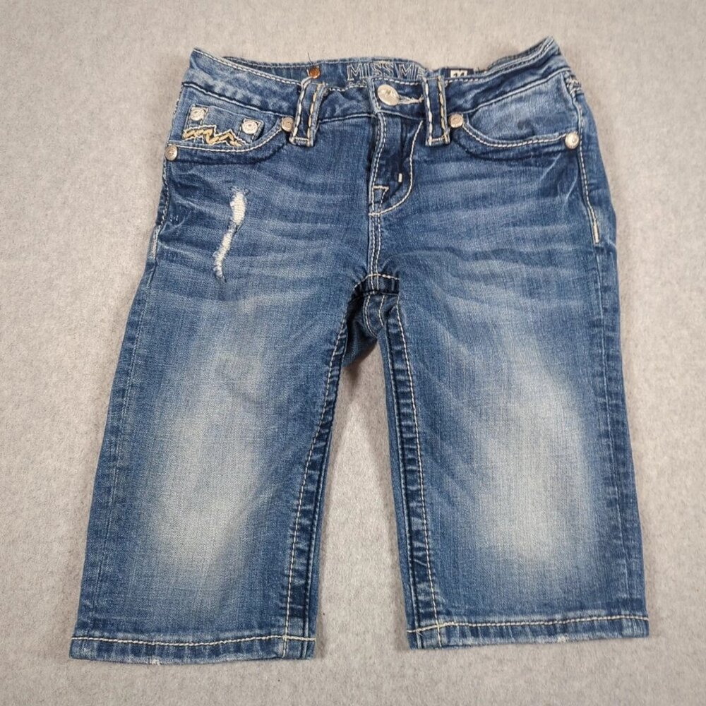 Miss Me Shorts Girls Size 14 Blue Denim Bermuda Flap Pockets Stretch Distressed